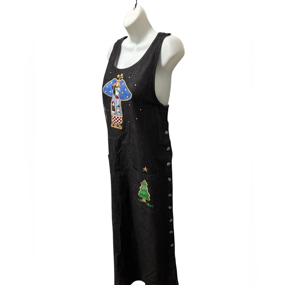 VTG Y2K Denim Midi Jumper Dress Sz L Appliquéd Country Angels Oversized Pockets - Picture 7 of 11